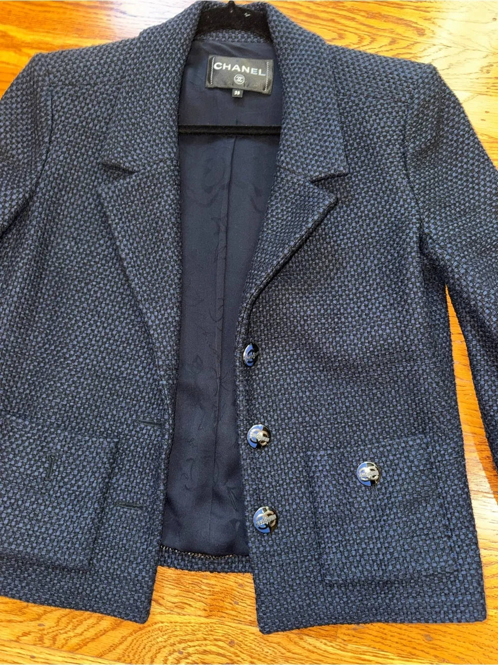 CHANEL Navy Textured Tweed Blazer Jacket CC Logo Buttons FR 38 US 6